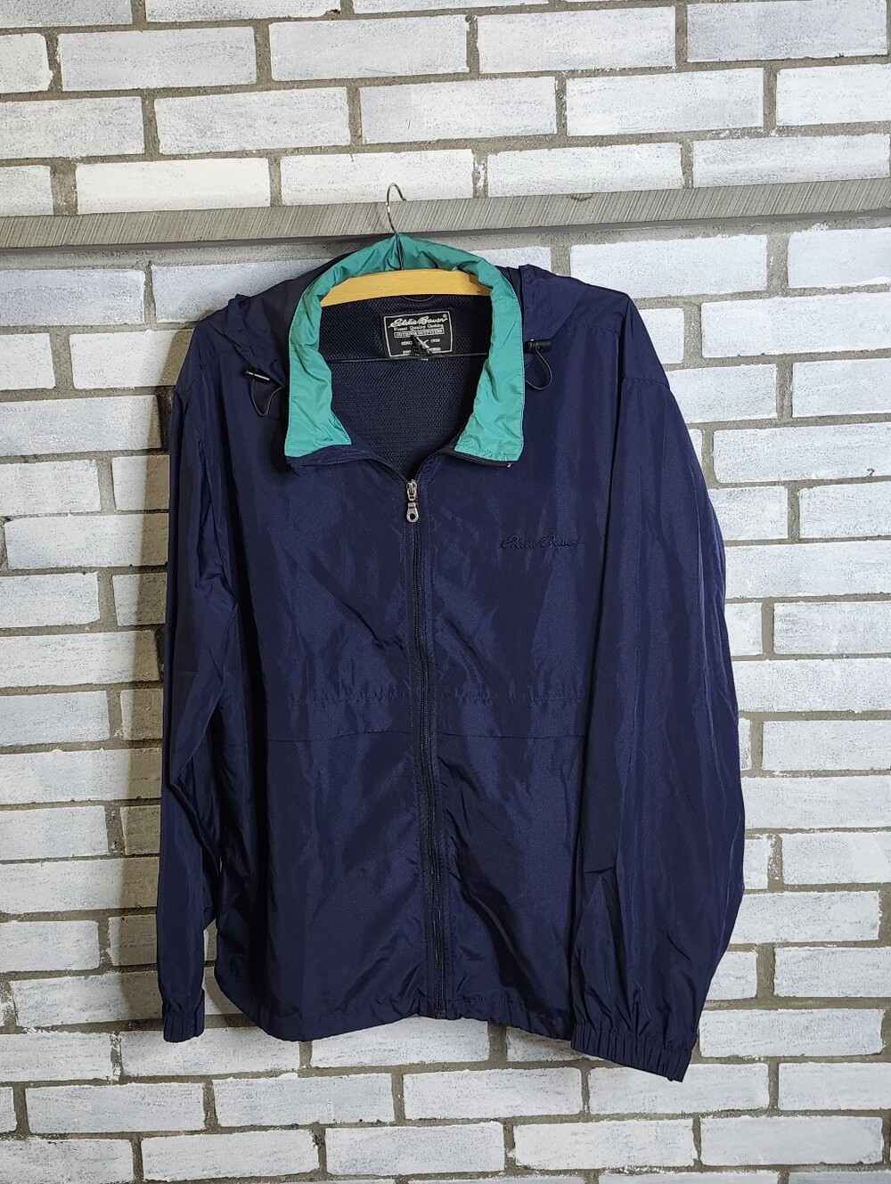 • Vintage 90s Eddie Bauer Mens XL Hooded Windbreaker Jacket Blue Vented Full Zip